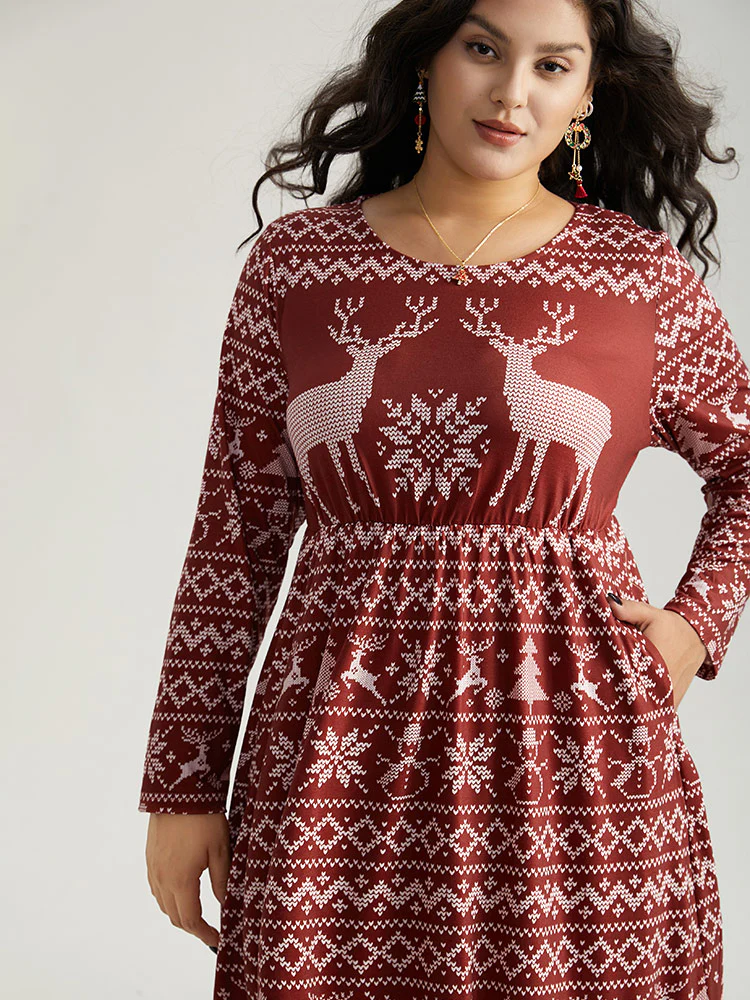 Christmas Elk Gathered Ruffle Layered Hem Dress - Image 6