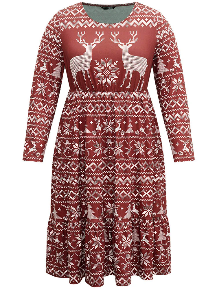Christmas Elk Gathered Ruffle Layered Hem Dress - Image 7
