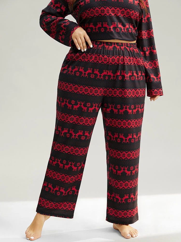 Reindeer Print Pocket Elastic Waist Pajama Bottoms - Image 3