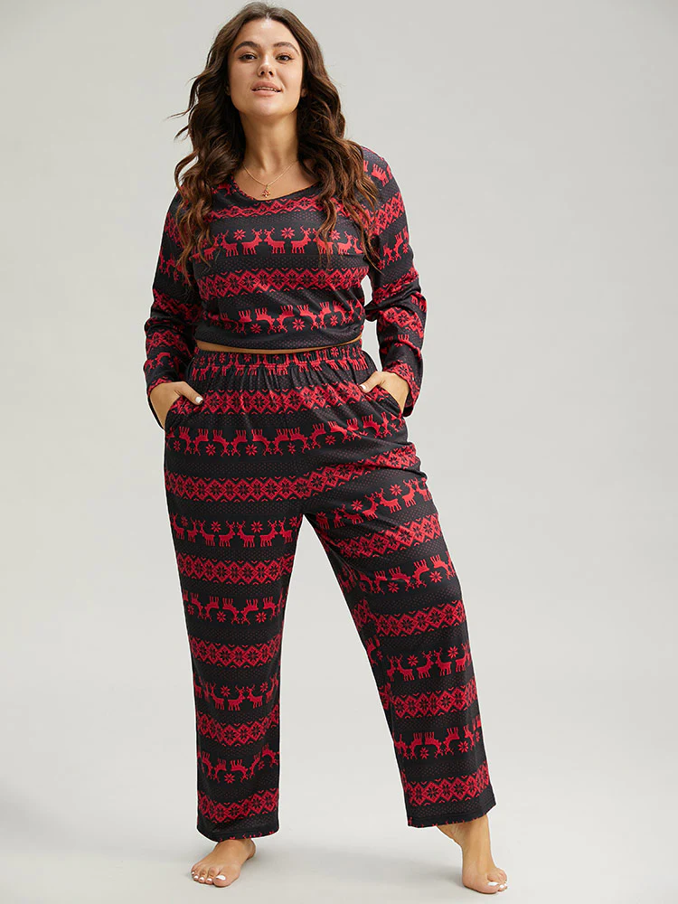 Reindeer Print Pocket Elastic Waist Pajama Bottoms - Image 4