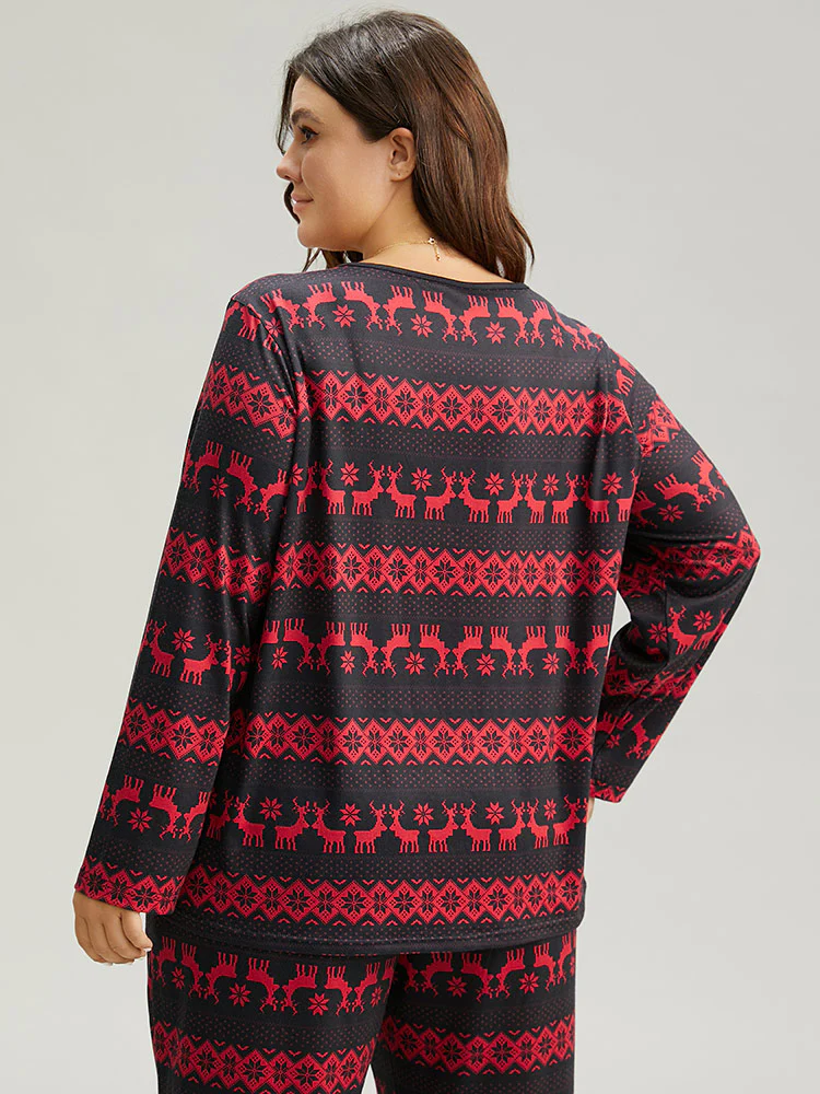 Reindeer Print Round Neck Pajama Top - Image 2