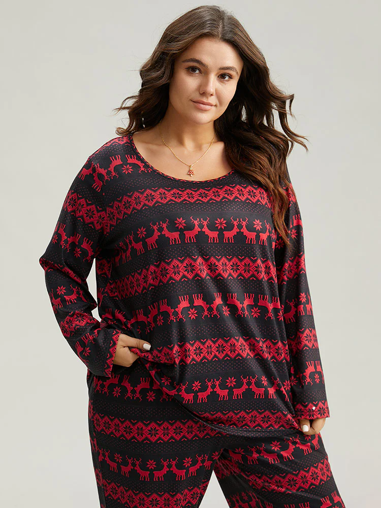 Reindeer Print Round Neck Pajama Top - Image 3