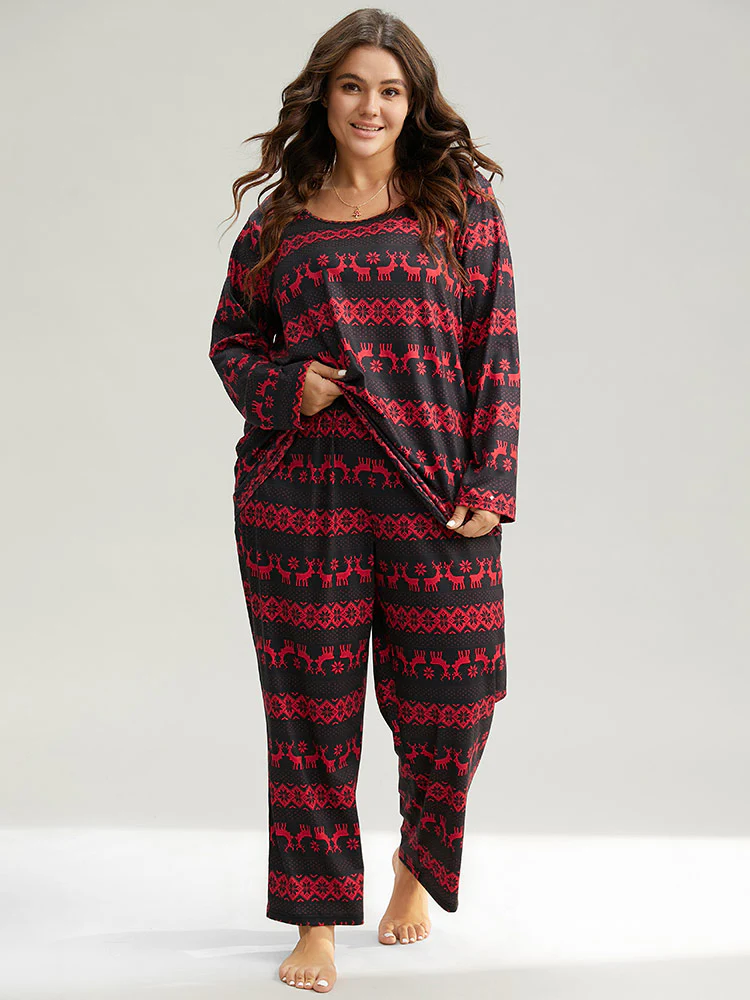 Reindeer Print Round Neck Pajama Top - Image 4