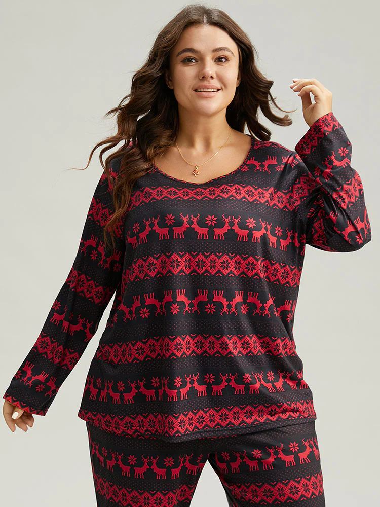 Reindeer Print Round Neck Pajama Top - Image 5