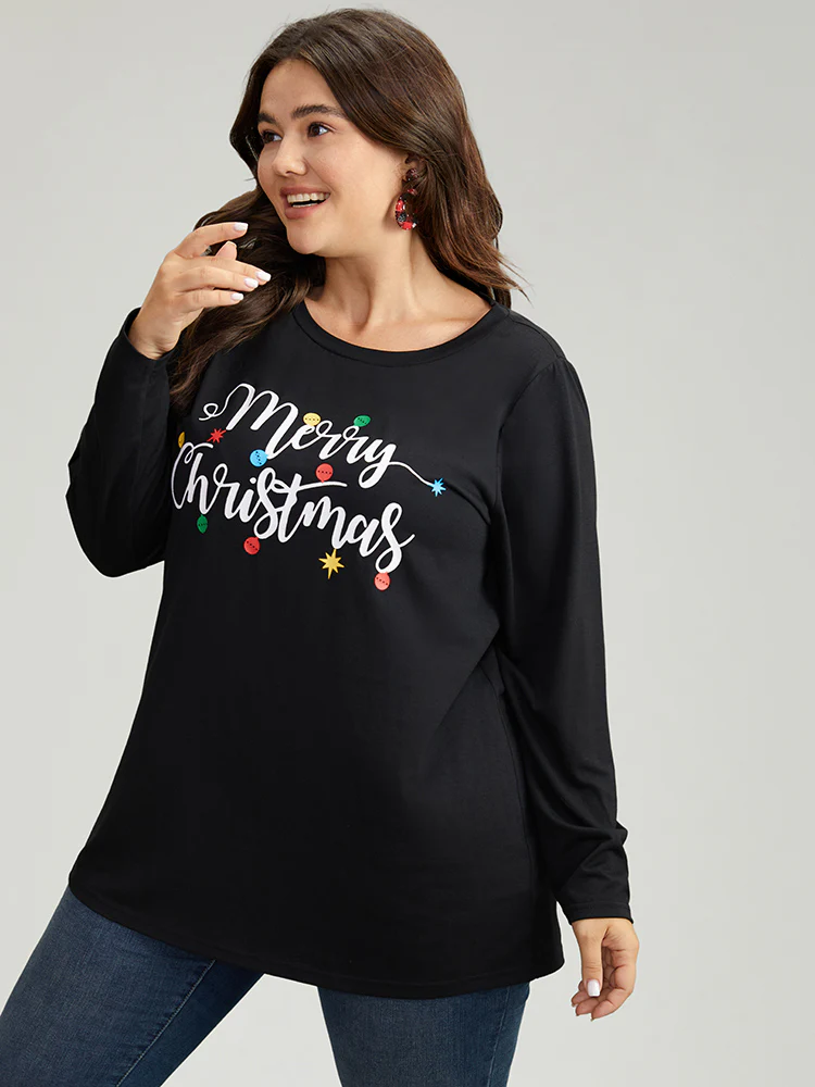 Christmas Letter Print Crew Neck T-shirt - Image 3