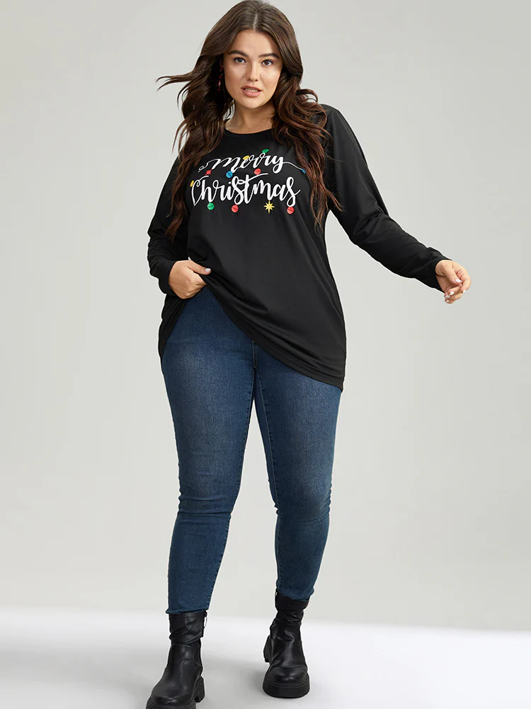 Christmas Letter Print Crew Neck T-shirt - Image 4