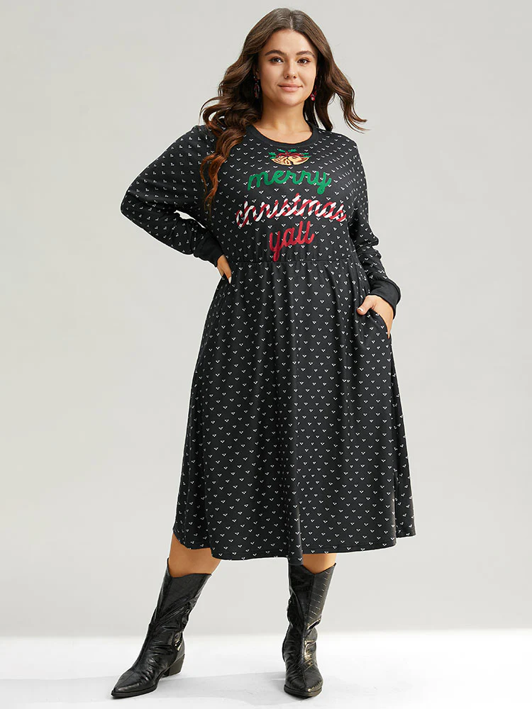 Christmas Letter Print Pocket Elastic Waist Dress - Image 2