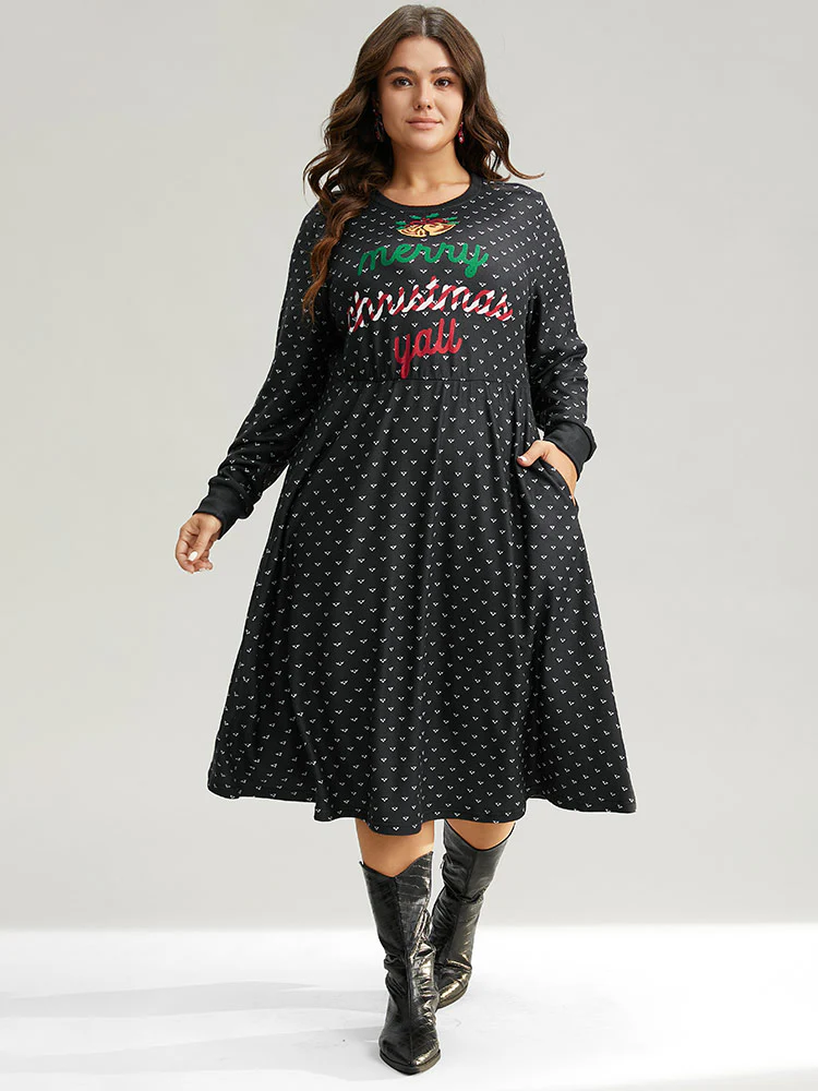Christmas Letter Print Pocket Elastic Waist Dress - Image 3