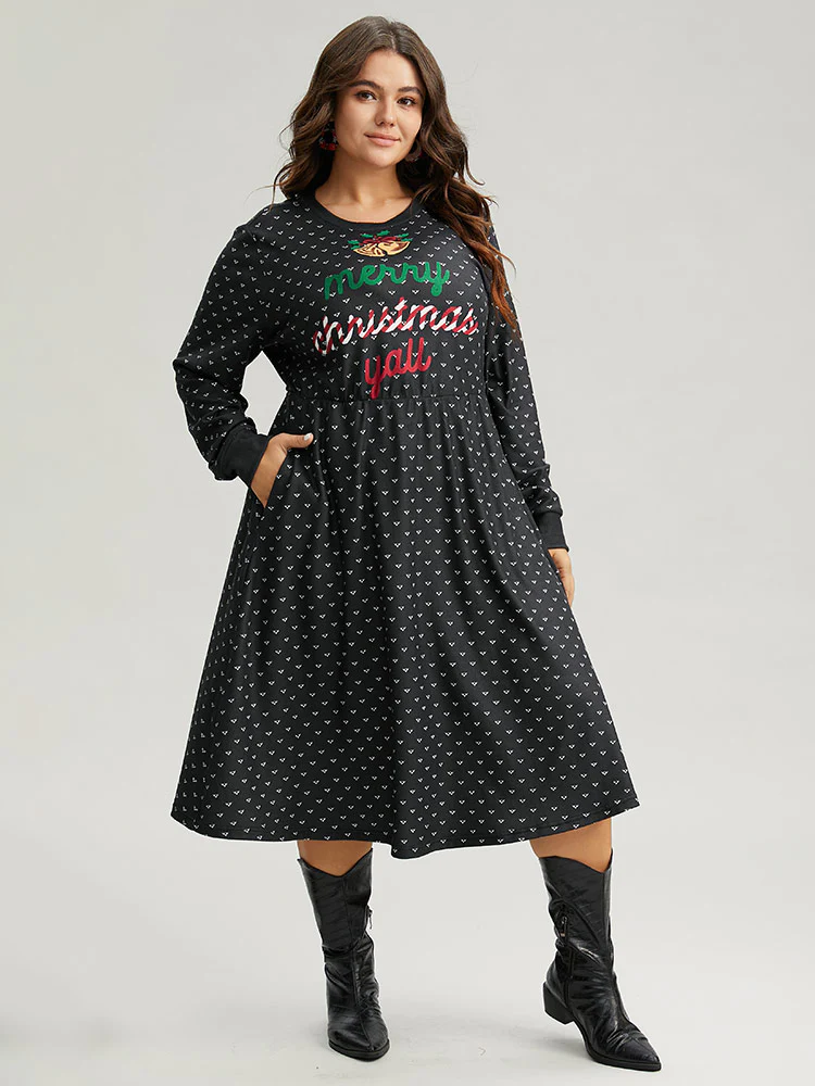 Christmas Letter Print Pocket Elastic Waist Dress - Image 5