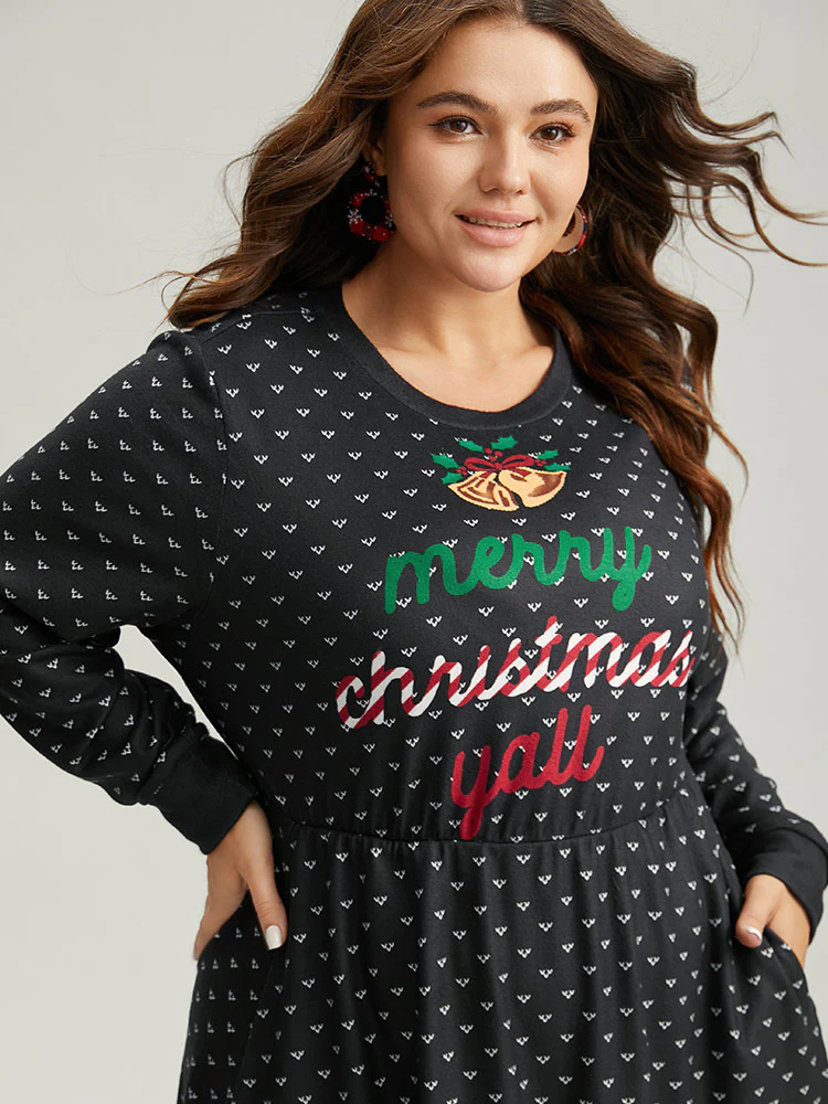 Christmas Letter Print Pocket Elastic Waist Dress - Image 6