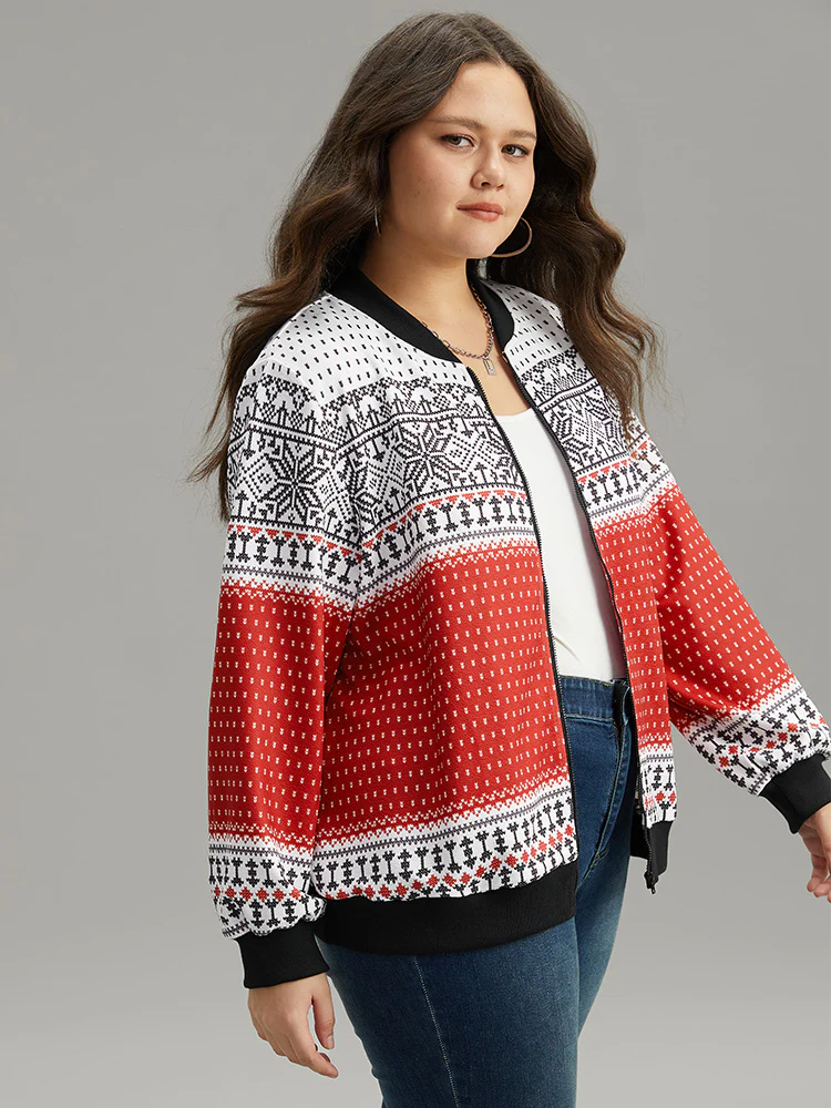 Christmas Patchwork Zipper Contrast Jacket - Image 2