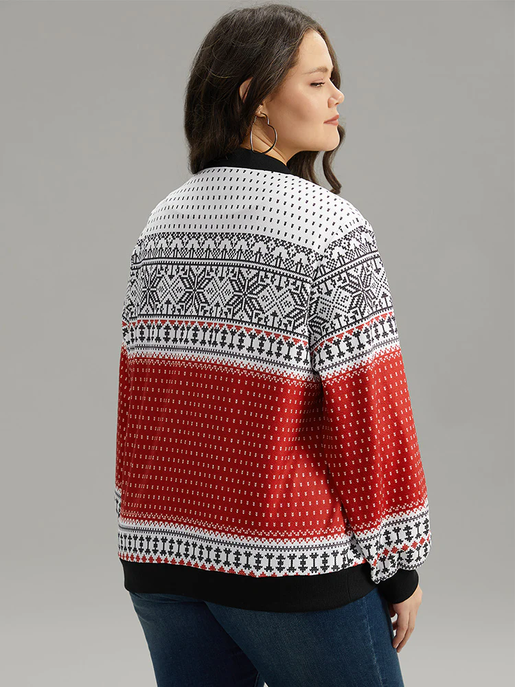 Christmas Patchwork Zipper Contrast Jacket - Image 3