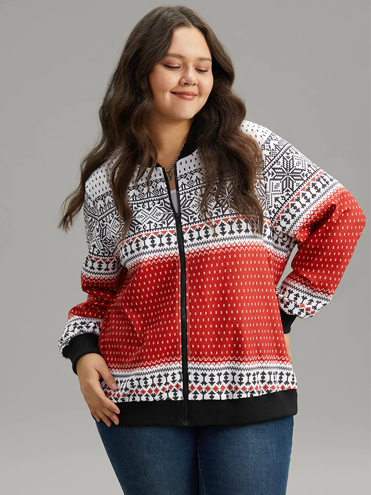 Christmas Patchwork Zipper Contrast Jacket - Image 4