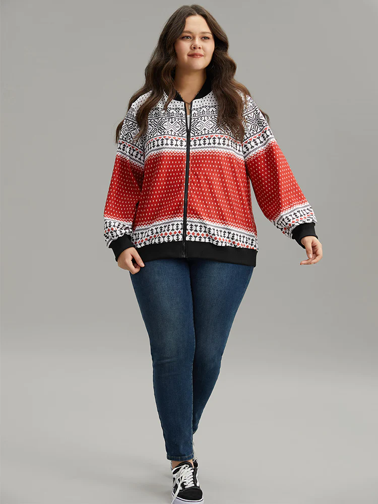 Christmas Patchwork Zipper Contrast Jacket - Image 5