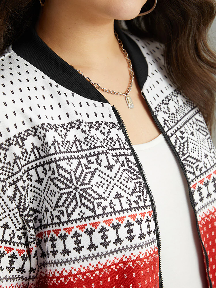 Christmas Patchwork Zipper Contrast Jacket - Image 6