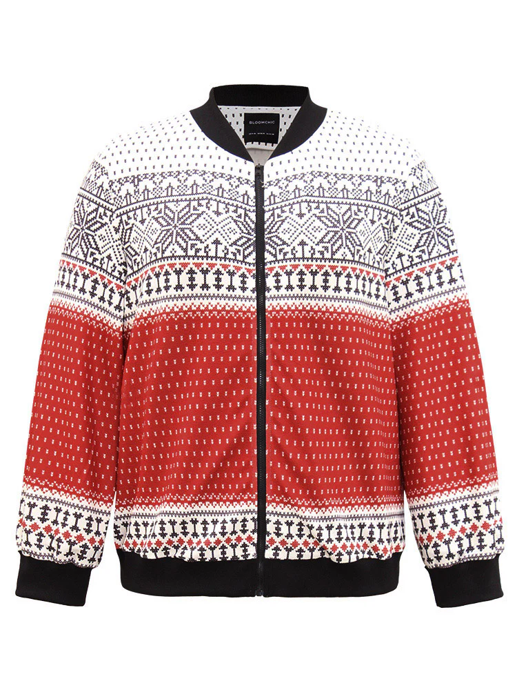 Christmas Patchwork Zipper Contrast Jacket - Image 8