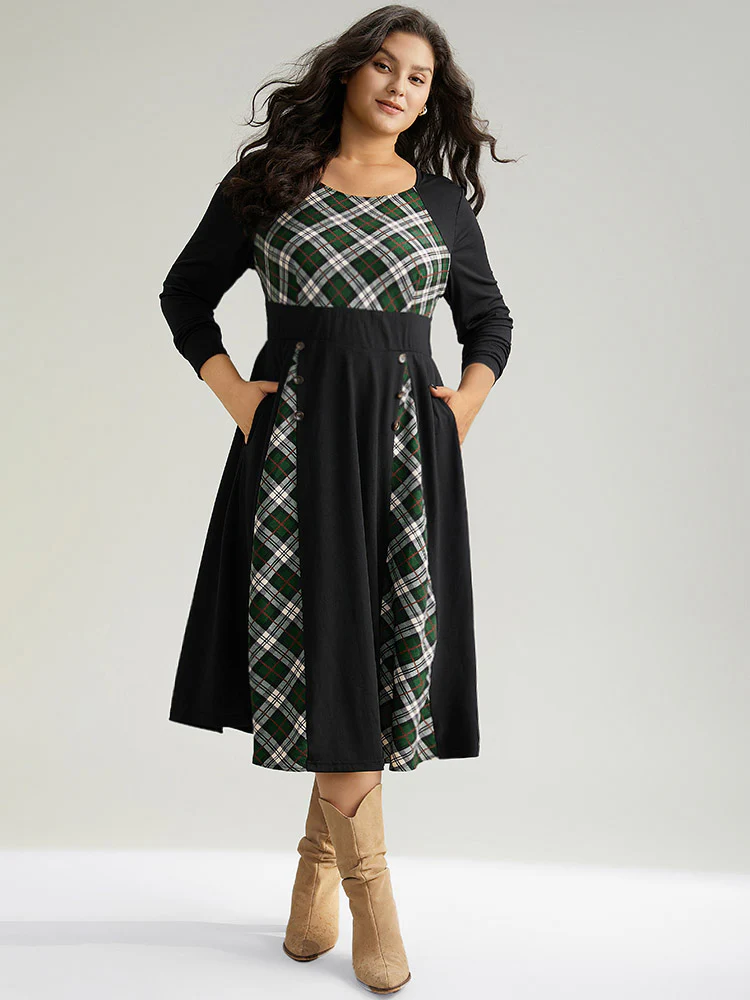 Christmas Plaid Patchwork Button Detail Dress