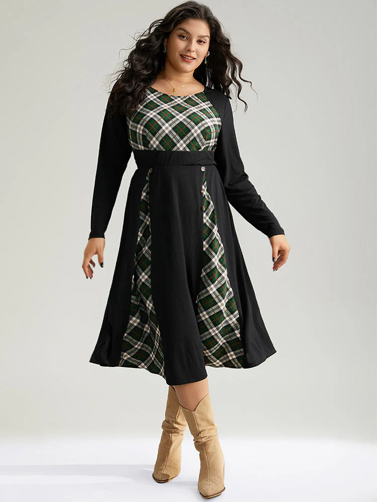 Christmas Plaid Patchwork Button Detail Dress - Image 2