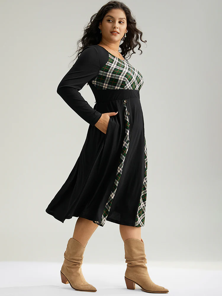 Christmas Plaid Patchwork Button Detail Dress - Image 3