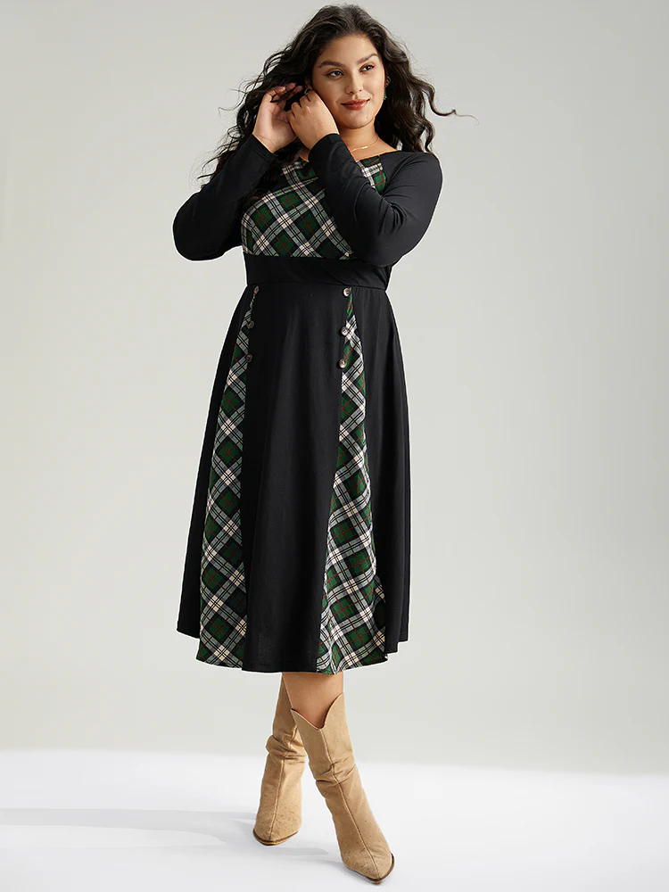 Christmas Plaid Patchwork Button Detail Dress - Image 6