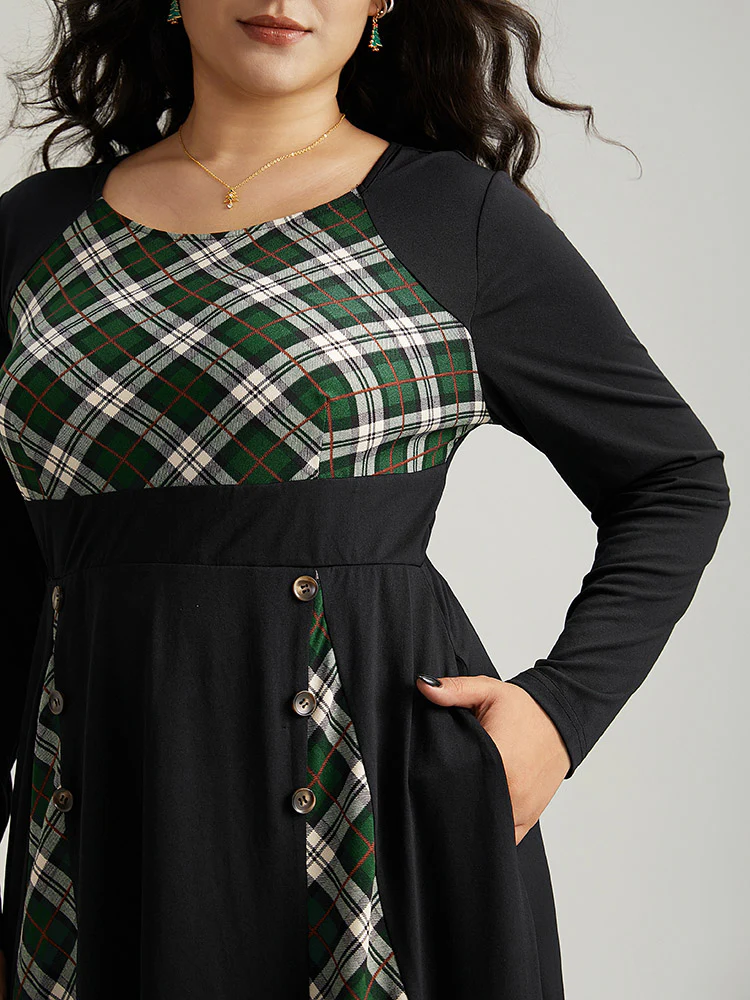 Christmas Plaid Patchwork Button Detail Dress - Image 7