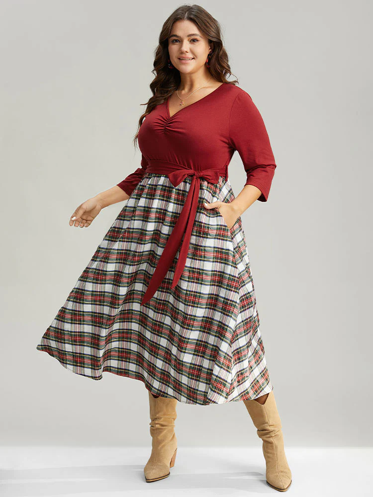 Christmas Plaid Patchwork Ruched Belted Dress - Image 2