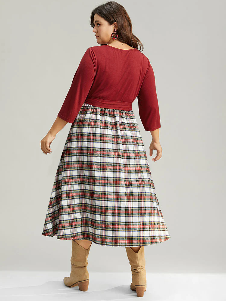 Christmas Plaid Patchwork Ruched Belted Dress - Image 3