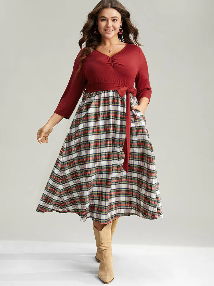 Christmas Plaid Patchwork Ruched Belted Dress - Image 4