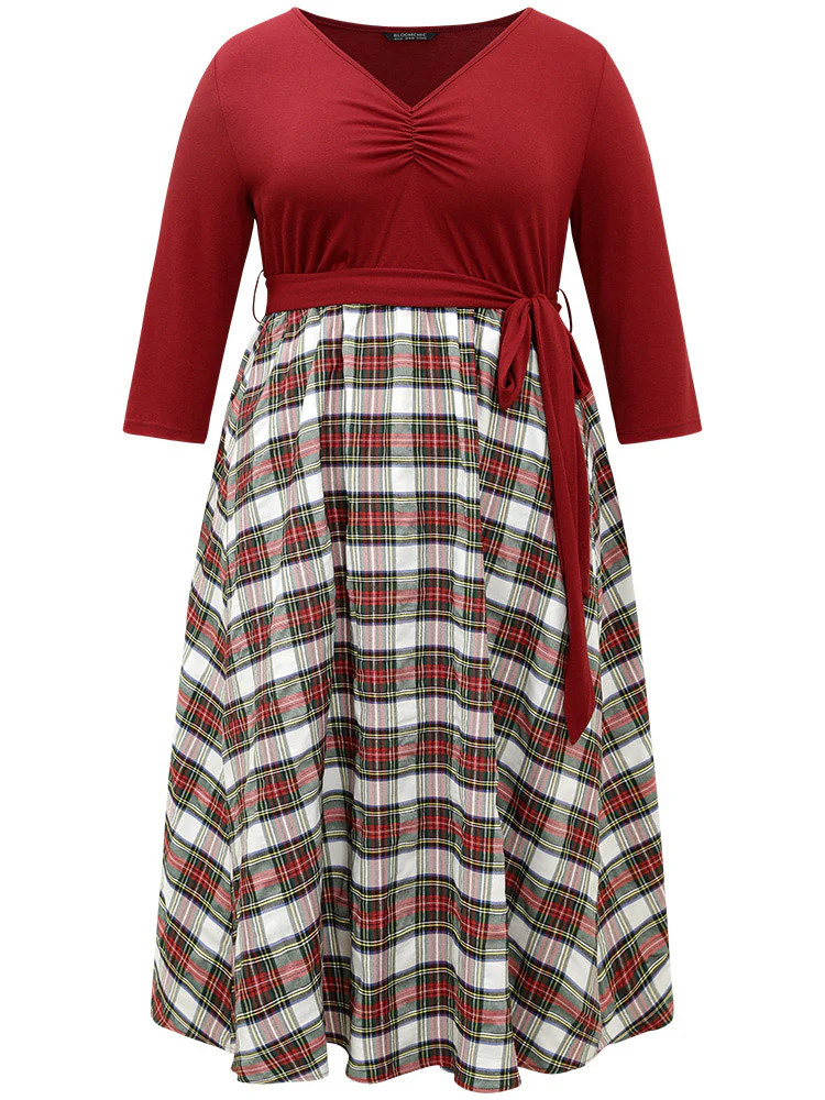 Christmas Plaid Patchwork Ruched Belted Dress - Image 6