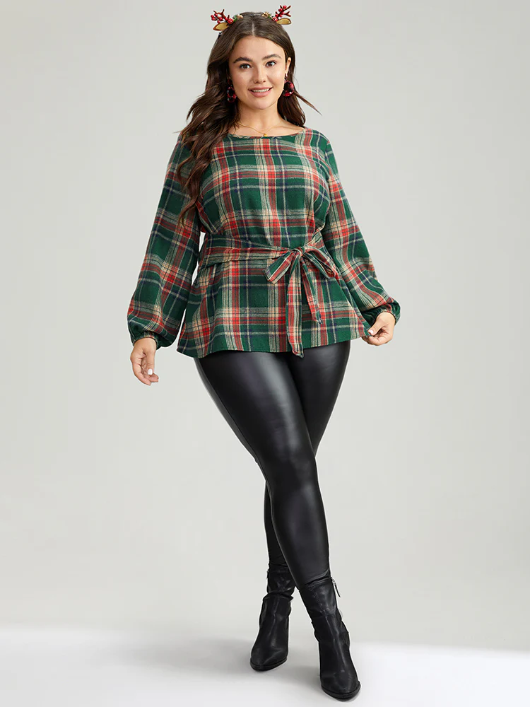 Christmas Plaid Ties Lantern Sleeve Blouse - Image 2
