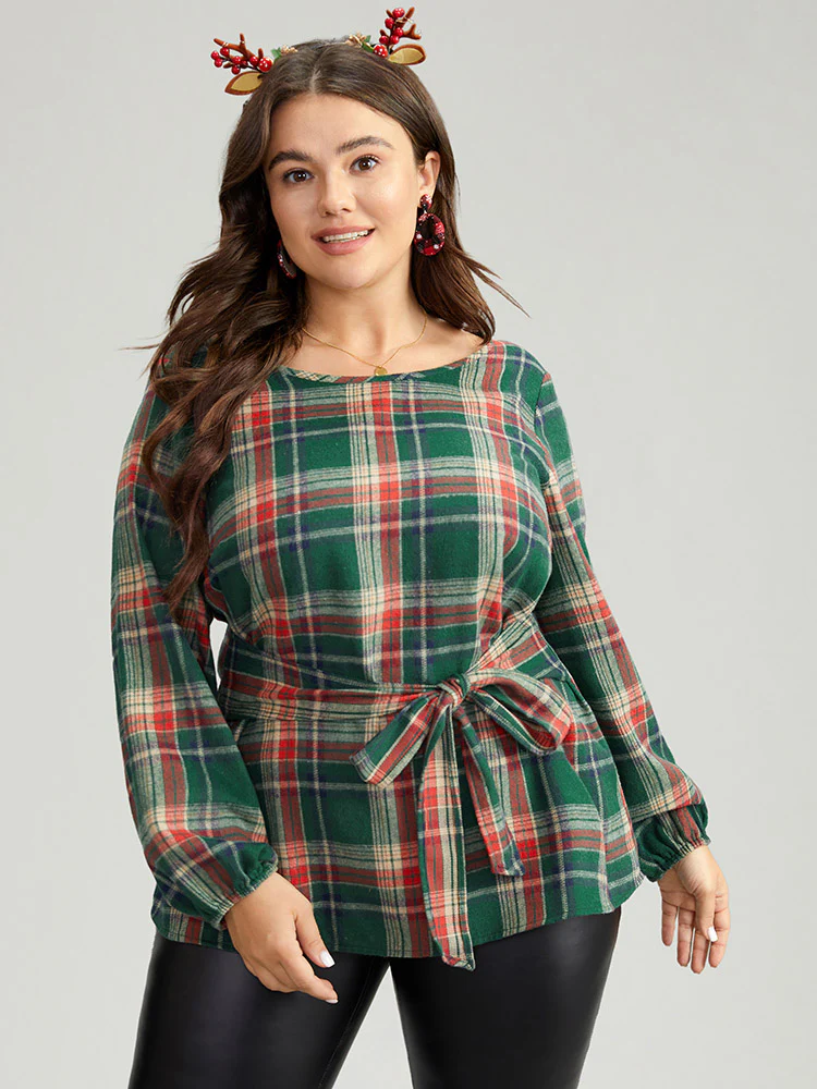 Christmas Plaid Ties Lantern Sleeve Blouse - Image 3