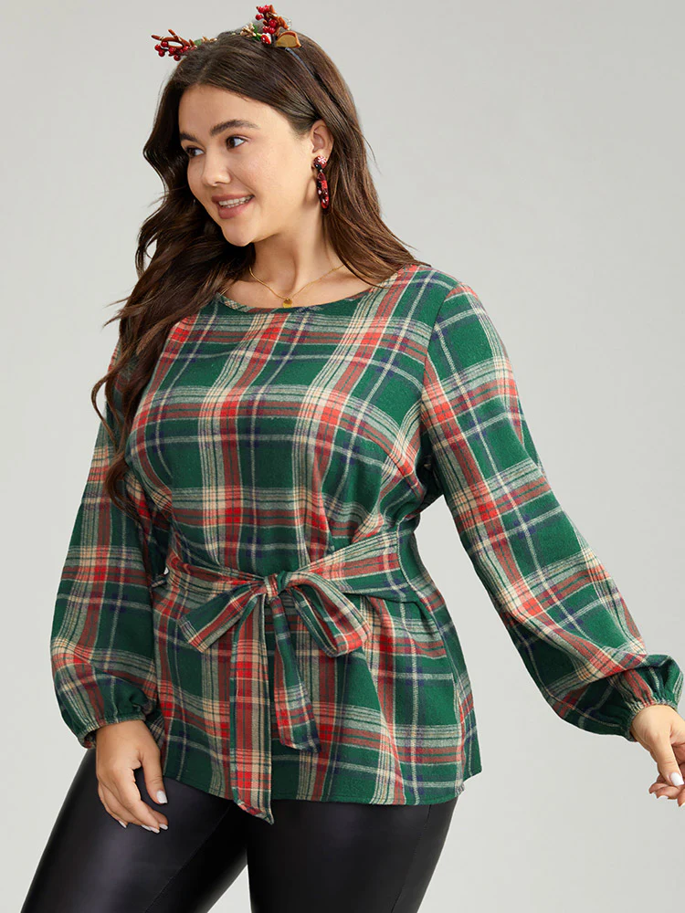 Christmas Plaid Ties Lantern Sleeve Blouse - Image 4