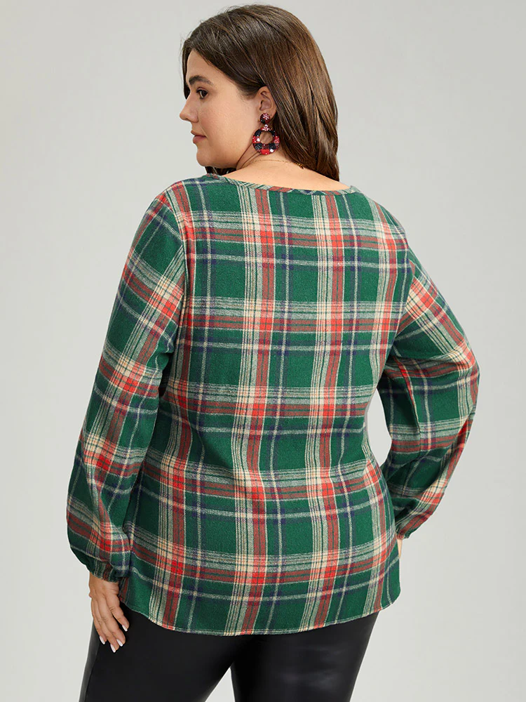 Christmas Plaid Ties Lantern Sleeve Blouse - Image 5