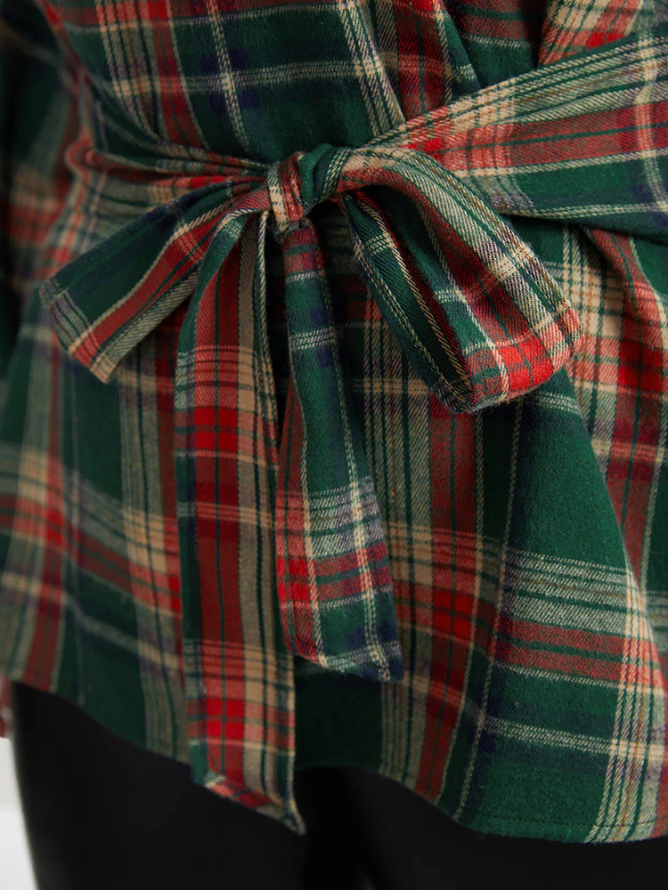 Christmas Plaid Ties Lantern Sleeve Blouse - Image 7
