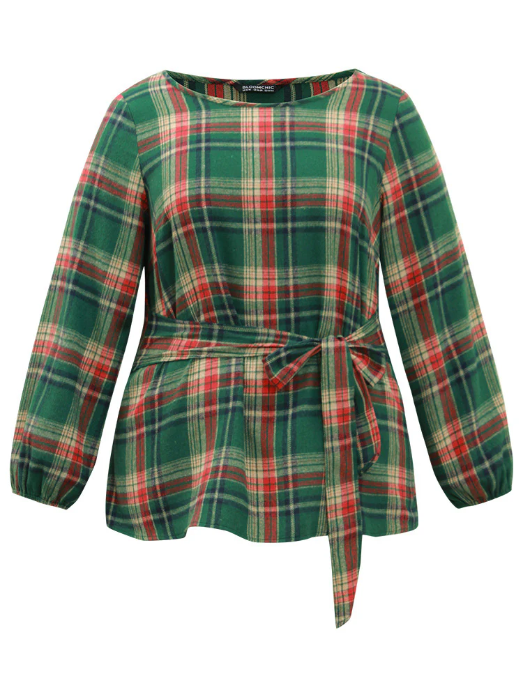 Christmas Plaid Ties Lantern Sleeve Blouse - Image 9