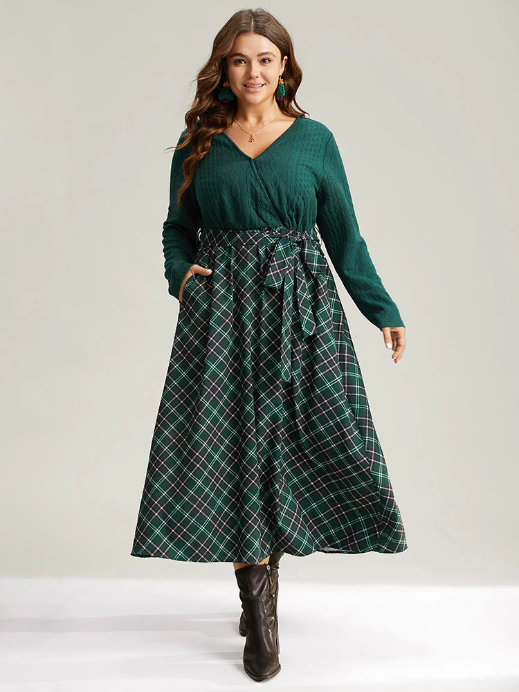 Christmas Plaid Wrap Belted Cable Knit Dress - Image 2