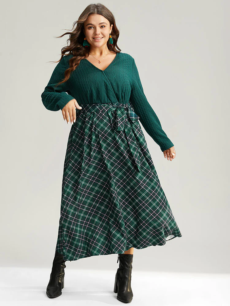 Christmas Plaid Wrap Belted Cable Knit Dress - Image 3