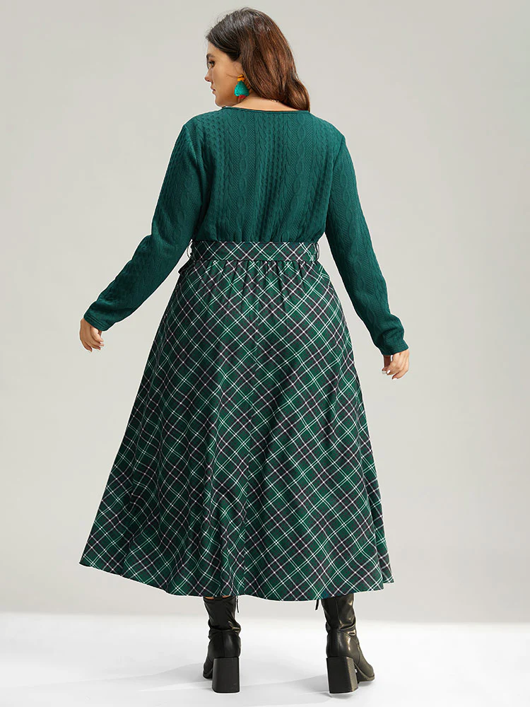 Christmas Plaid Wrap Belted Cable Knit Dress - Image 4