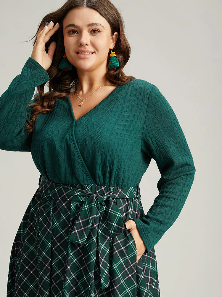 Christmas Plaid Wrap Belted Cable Knit Dress - Image 5