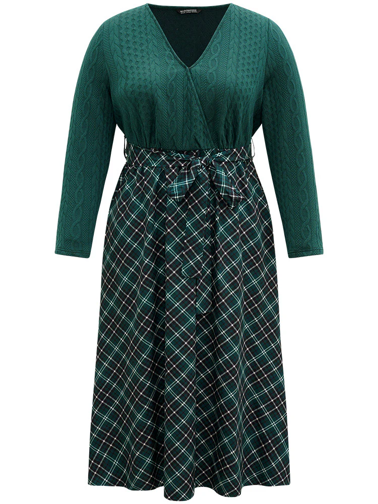 Christmas Plaid Wrap Belted Cable Knit Dress - Image 6