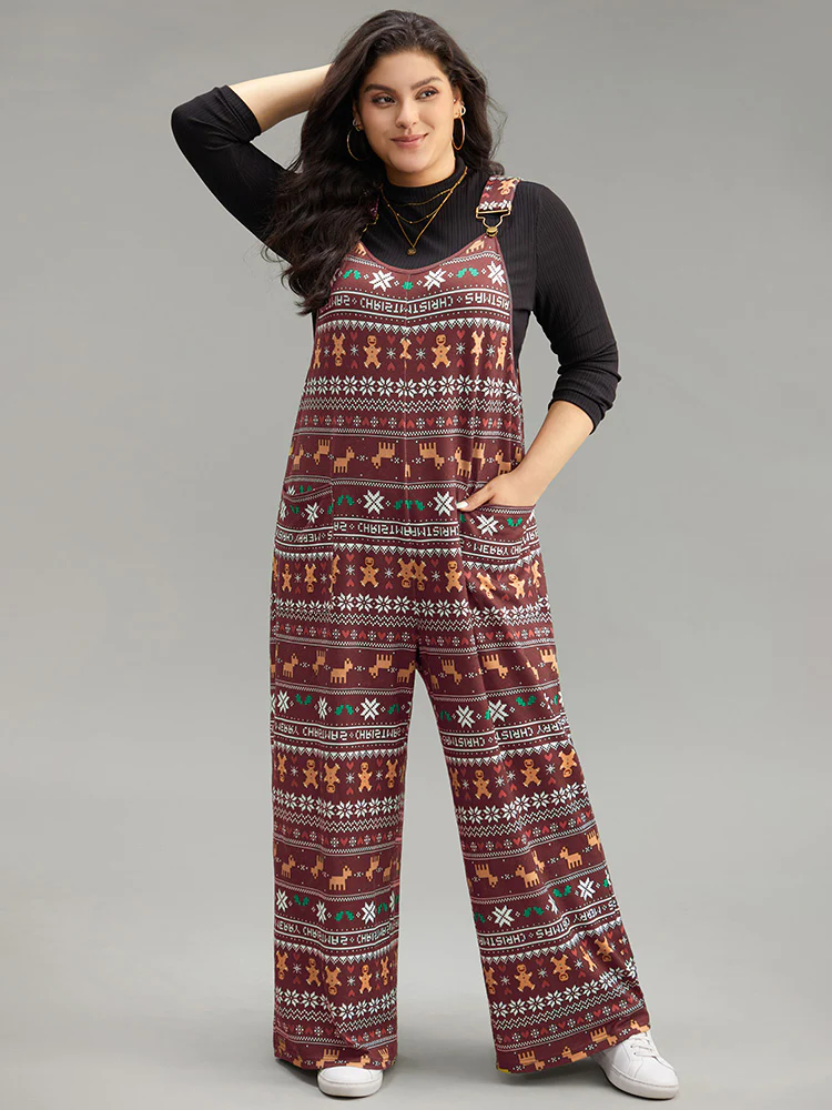 Christmas Print Adjustable Straps Jumpsuit
