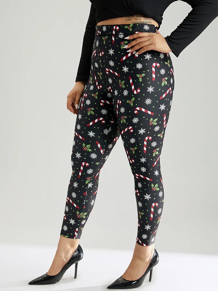Christmas Print Elastic Waist Skinny Leggings - Image 3