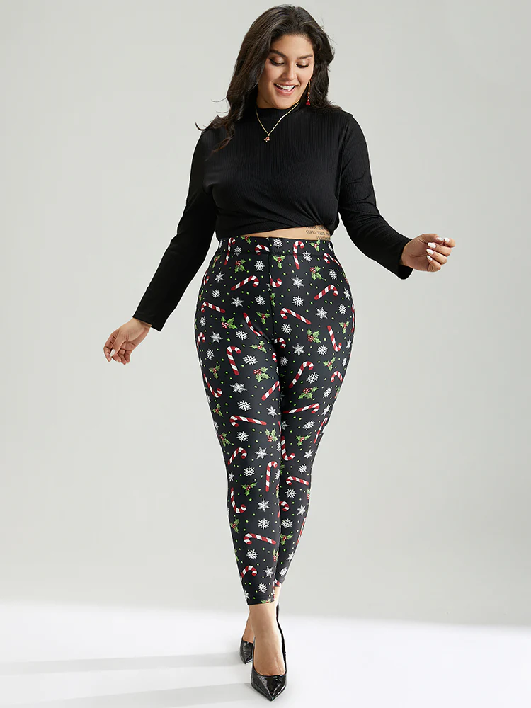 Christmas Print Elastic Waist Skinny Leggings - Image 4