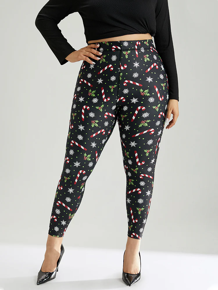 Christmas Print Elastic Waist Skinny Leggings - Image 5