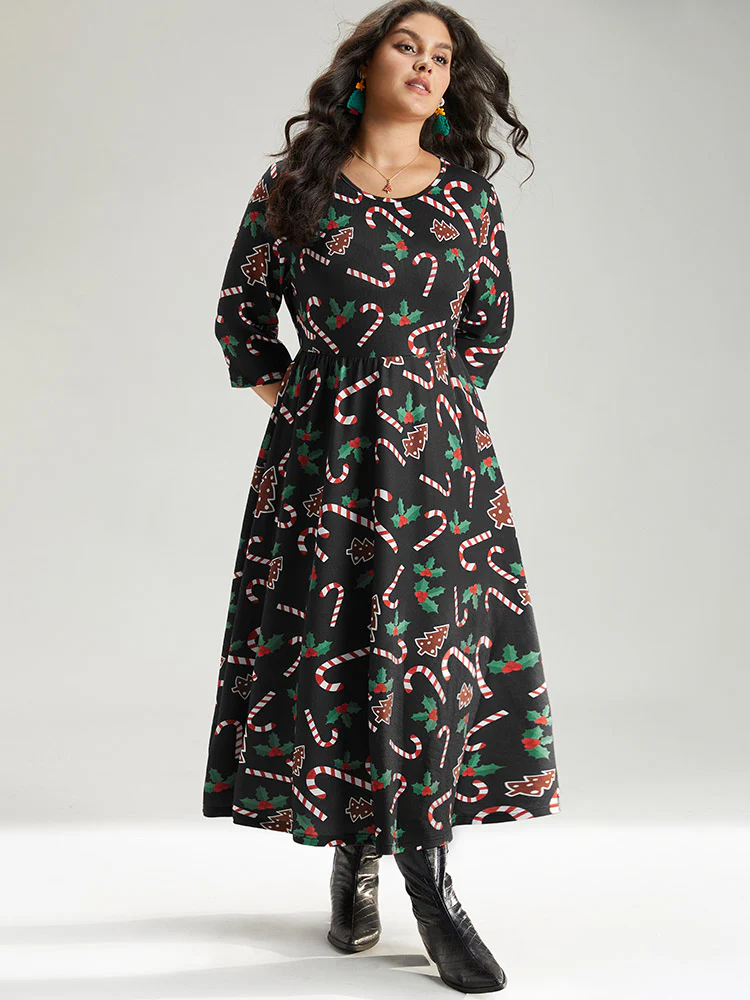 Christmas Print Pocket Elastic Waist Dress - Image 2
