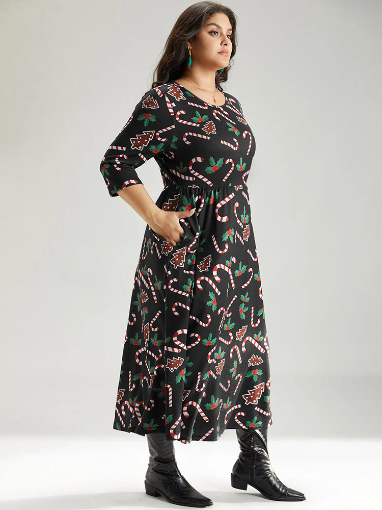 Christmas Print Pocket Elastic Waist Dress - Image 4
