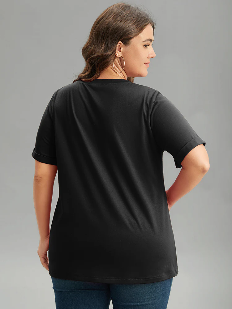 Christmas Print Round Neck Roll Sleeve T-shirt - Image 2