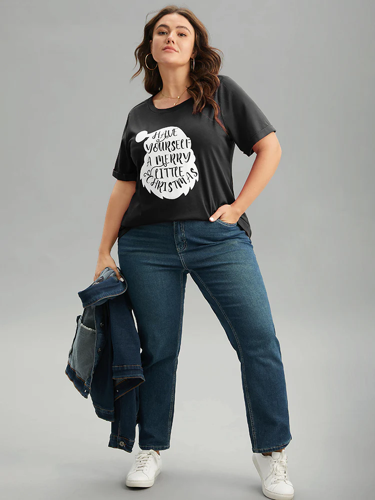 Christmas Print Round Neck Roll Sleeve T-shirt - Image 3
