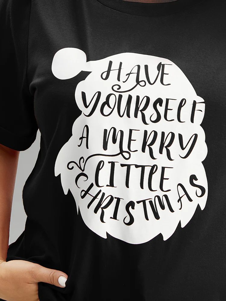 Christmas Print Round Neck Roll Sleeve T-shirt - Image 4