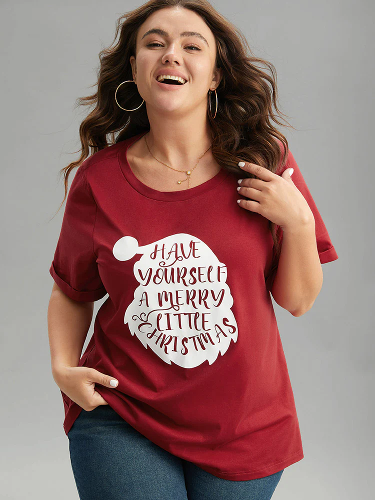 Christmas Print Round Neck Roll Sleeve T-shirt - Image 5